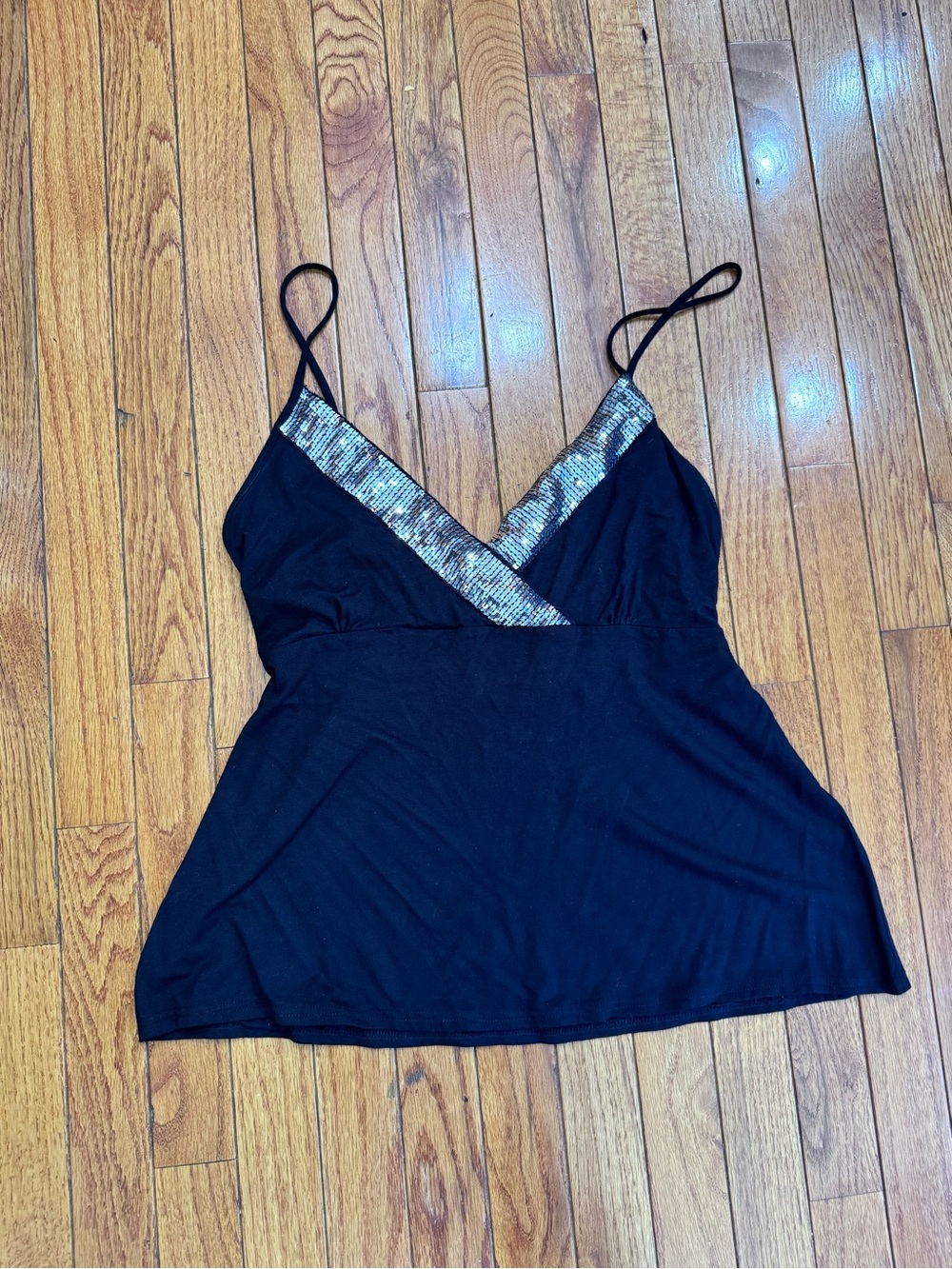 Black Sequin Trim Cami Tank Top with back tie